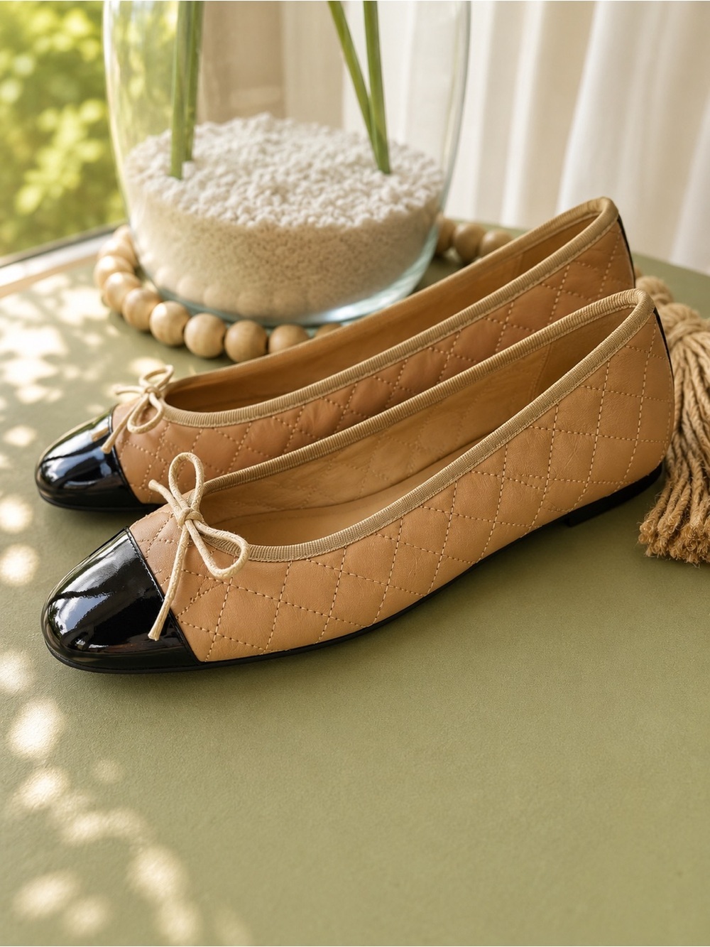 Jon Josef Quilted Ballet Flats Beige Black Cap Toe Size 10 Made in Spain 🇪🇸